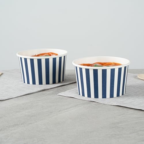 Image of Restaurantware Coppetta 8 Ounce Dessert Cups, 50 Disposable Ice Cream Cups - Lids Sold Separately, Sturdy, Blue And White Paper FroYo Bowls, Striped, For Hot And Cold Foods, Perfect For Gelato
