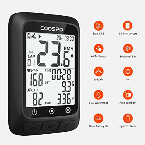 Image of COOSPO Bike Computer GPS Wireless, ANT+ Cycling Computer GPS with Bluetooth, Multifunctional ANT+ Bicycle Computer GPS with 2.4 LCD Screen, Bike Speedometer with Auto Backlight IP67