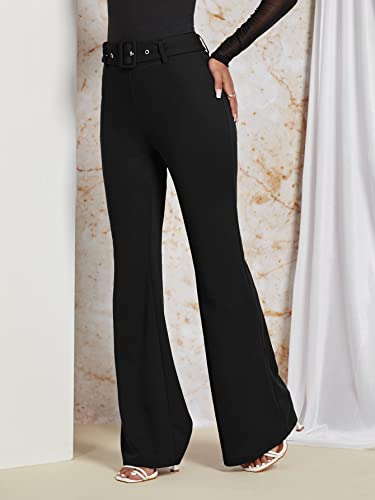 SweatyRocks Women's Casual High Waist Flare Wide Leg Pants Buckle Belted Long Trousers Pants3