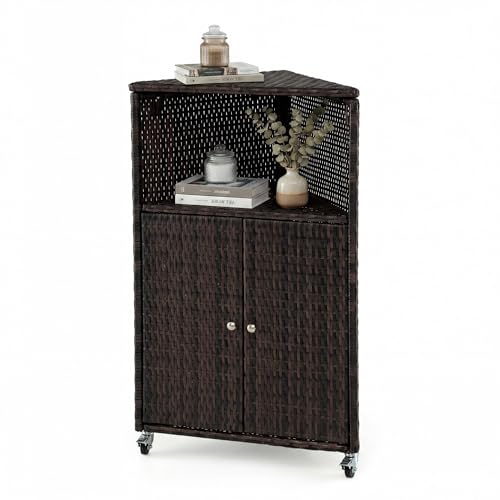 LIFEZEAL Armario de Exterior de Ratán, Mueble de Almacenamiento con Ruedas, 2 Niveles con Puertas y Compartimento Abierto, 65x47x111 cm Aparador Rodante para Patio Jardín Terraza Resistente al Agua
