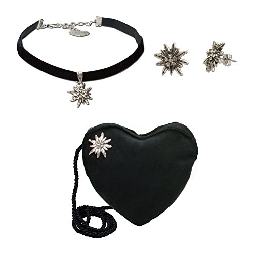 Preisvergleich Produktbild Alpenflüstern Trachtenset Trachten-Samt-Kropfband, Ohrstecker und Herztasche Strass-Edelweiß - Damen-Trachten-Schmuck und Tasche, Trachtenkette, Trachten-Ohrringe und Dirndltasche schwarz SET032