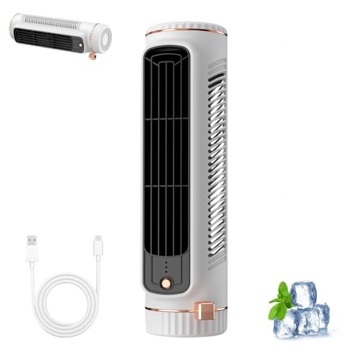 Mobile Klimaanlage Leise, 360° Drehbar Turmventilator mit 3 Geschwindigkeiten & 1200 mAh Akku, 2 in 1 Luftkühler, Turbo Flügelloser USB Ventilator, Mini Klimaanlage für Zimmer Zuhause & Büro,Weiß