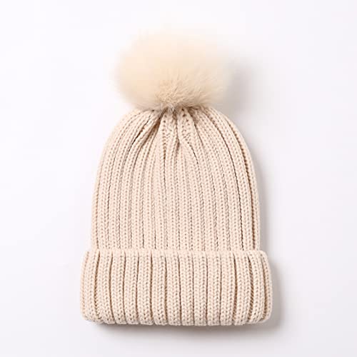 Roniky Womens Winter Beanie Hat, Silk Satin Lined Faux Fur Pom Pom Beanies Hat For Women Girls Warm Winter Knit Hats Beige #TOP1