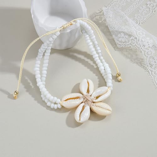 Image of Atiptu Natural Shell Anklets for Women Boho Beaded Ankle Bracelets Cowrie Shells Flower Waterproof Beach Vacation Foot Jewelry