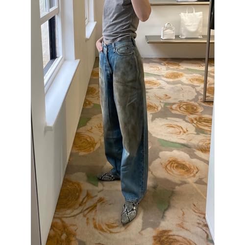 High Street Unisex Long Pants Washed and Distressed Straight Leg Mud Dyed Jeans4