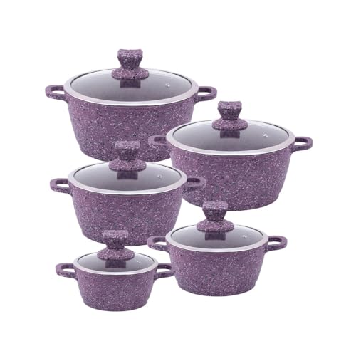 SK Cookware - Purple Die-Cast Aluminium Stockpot Set with Non-Stick Coating 5pc