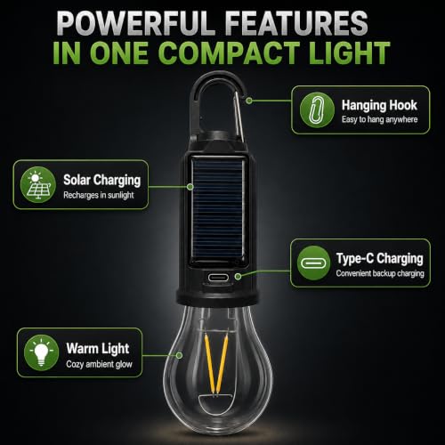 Image of Solar Powered Rechargeable Camping Light Bulb with Hanging Hook, Portable LED Tent Lantern with USB Type-C Charging for Camping, Hiking, Trekking, Emergency, Outdoor & Home Use, Pack of 2