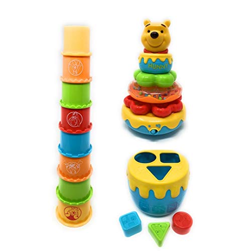 WINNIE THE POOH Baby Toys | IShape Sorter, Musical Stacking Rings, and Stacking Cups | Babys First Blocks Classic Bundle | Stack Up Cups | Toddler Toys