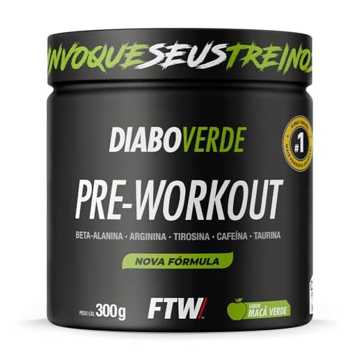 FTW Pré-Treino Diabo Verde em Pó com Cafeína, Aminoácidos Beta‑Alanina e Arginina para Treinos e Atividades Físicas - Pote 300 g (Sabor: Maça Verde)