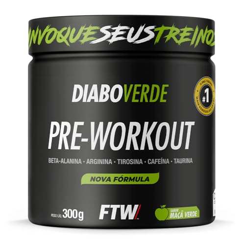 FTW Pré-Treino Diabo Verde em Pó com Cafeína, Aminoácidos Beta‑Alanina e Arginina para Treinos e Atividades Físicas - Pote 300 g (Sabor: Maça Verde)