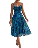 CHICME Womens Floral Mesh Midi Dress 2026 Summer Cowl Neck Adjustable Strap A Line Cinched Zipper Back Cocktail Party Dress-gr-S Green