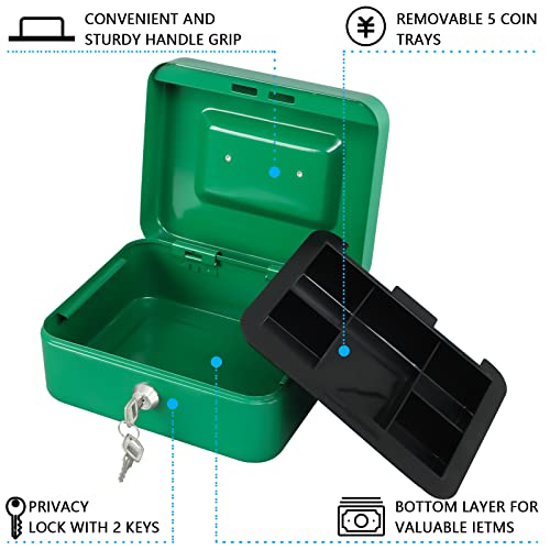 Image of KYODOLED Medium Cash Box with Money Tray,Small Safe Lock Box with Key,Cash Drawer,7.87 inchx 6.30 inchx 3.54 inch Green Medium