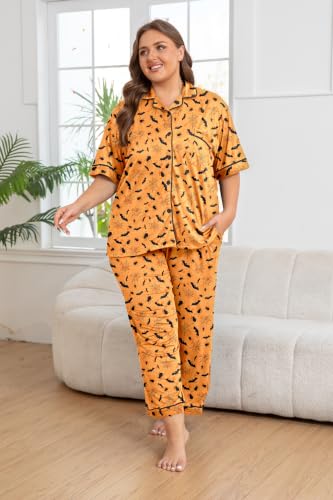 Image of Vozanet Women's Plus Size Pajamas Button Down Shirt and Pants Soft Lounge Sets Bride Nighty Bottom with Pockets 1x to 5x