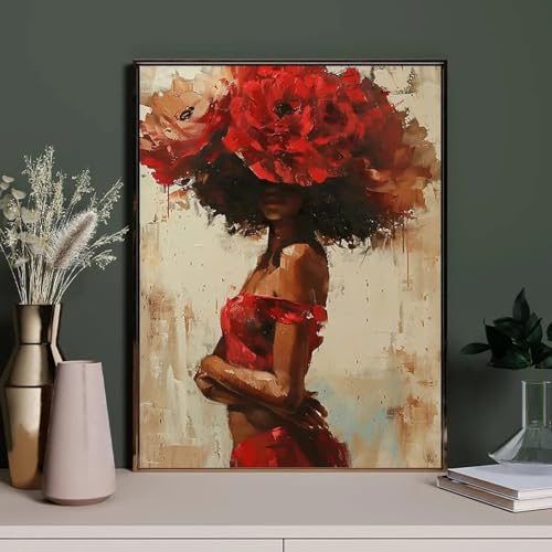 Affiche abstraite de fleurs pour salon moderne décoration murale bohème portrait femme noire
