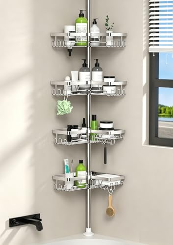 Image of KEGII Telescopic Shower Caddy Corner Shower Shelf Organiser, Silver