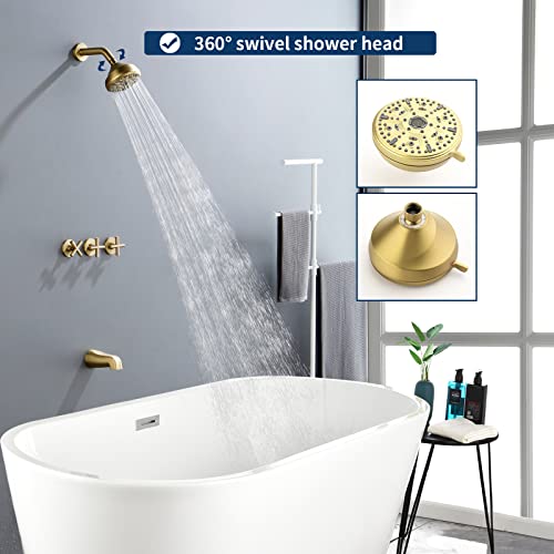 Image of 3 Handles Shower Faucet Set with Tub Spout Bathtub Shower Faucet Combo Set Shower System Complete Tub and Shower Trim Kit Brushed Gold