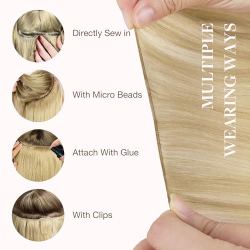 Image of GOO GOO Genius Weft Hair Extensions Human Hair, Sew In Hair Extensions Rooted Remy Weft, 18A /60 Blonde Balayage 18inch 50g, Hand Tied Weft Hair Extensions