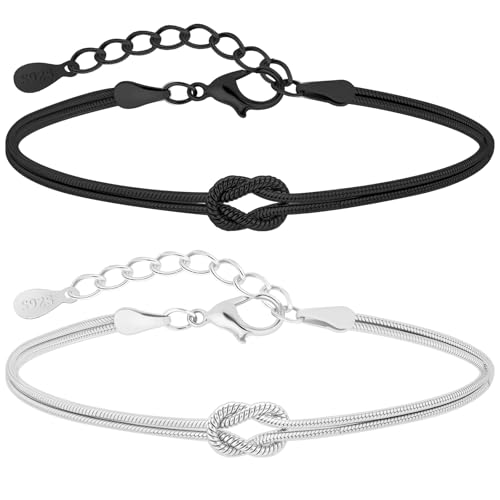 J.Fée 2Pcs Knoten Armband Damen Silber 925, Verstellbare Pärchen Armband, Freundschaftsarmbänder, Paar Armbänder Set, Schmuck Damen, Geschenke für Frauen Geburtstag Jahrestag, Stahlgrau+Schwarz