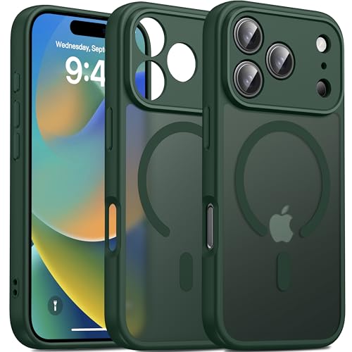 Image of Oterkin Magnetic for iPhone 17 Pro Max Case Matte, Full Camera Protection Compatible with MagSafe Frosted Translucent Shockproof Anti-Scratch Slim Fit Case Military Grade Protection (Dark Green)