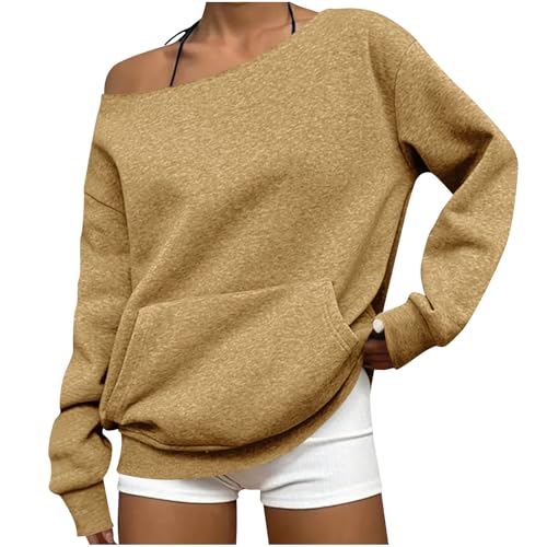 Sudadera para mujer con hombros descubiertos, lindas sudaderas de gran tamaño, acogedoras, ligeras, informales, sueltas, lisas, de manga larga, hombros caídos, con bolsillo, Y2k, 01 Caqui, S