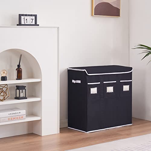 Techmilly 3 Section Large Laundry Basket, 140L Laundry Hamper With Lid，Waterproof Durable Clothes Hamper With 4 Removable Bags And 3 Labels For Bathroom, Bedroom, Dorm, (Black) #TOP6