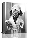 Crekviy Funny Dachshund Bathroom Decor Wall Art Black and White Dog Pictures Cute Weiner Dog Bathrobe Bathing Canvas Prints Painting Artwork Home Decorations Framed Gifts 12'x16'