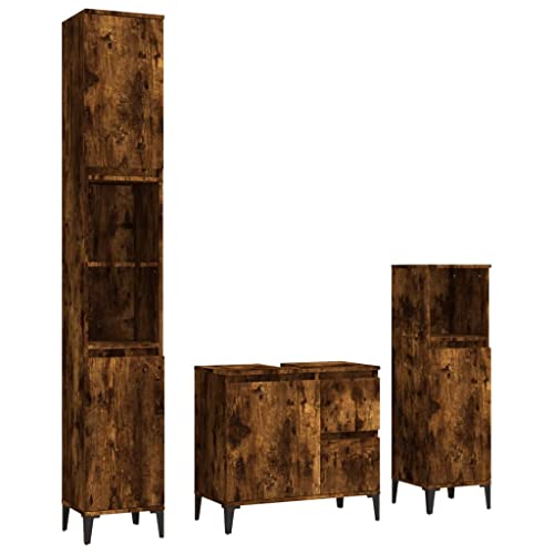 vidaXL Ensemble d'Armoires de Salle de Bain 3 pcs, Armoires d'Evier avec Rangement, Meubles de Lavabo Toilette, Industriel, Chêne Fumé