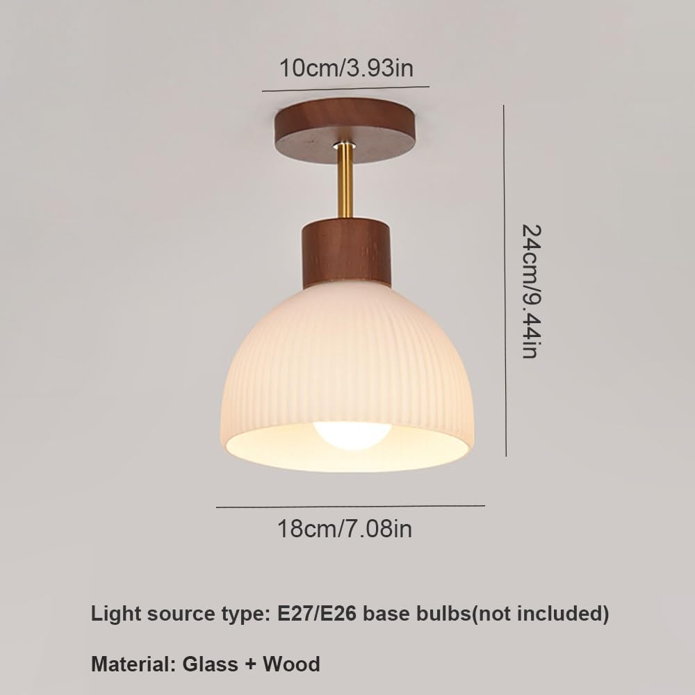 Nordycka Lampy Sufitowa ze Szkła Ryflowanego, Plafon Półkulisty z Drewnem Mid Century Oświetlenie Sufitowe do Przedpokoju(Walnut)
