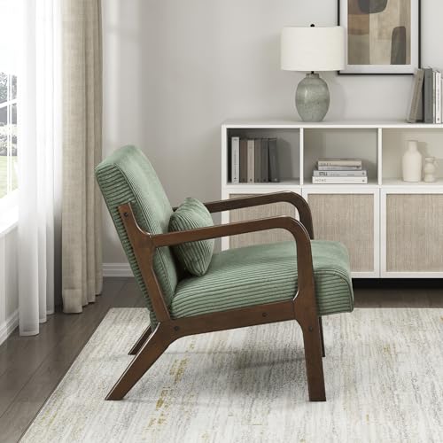Lexicon Mid Century Modern Accent Chair-with Solid Wood Armrests and Legs, 1 Lumbar Pillow, Cushioned Seat and Backrest, Corduroy Comfy Lounge Arm Chair for Living Room, Bedroom, Office, Green by Lexicon - Used condition - Image 7