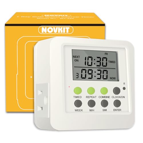 NOVKIT 3-in-1 Dual Outlet Timer Plug with Interval Cycle for Indoor, 7 Day 24 Hour Programmable Digital Repeat Timer Switch(15A, 1875W)