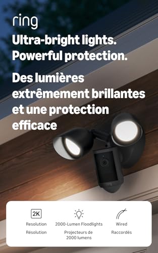 Ring Floodlight Cam, Wired (nouveau modèle), Sécurité de la maison ou des affaires, Rétinal à grande angle 2K Vidéo, 6x Zoom amélioré, Projecteurs ultra-brillants, Noir