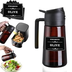 Oil Sprayer for Cooking, 16oz Glass Olive Oil Dispenser Bottle for Kitchen Gadgets, 2 in 1 Spray and Pour Dark Brown Bottle with Stickers for Air Fryer, Salad
