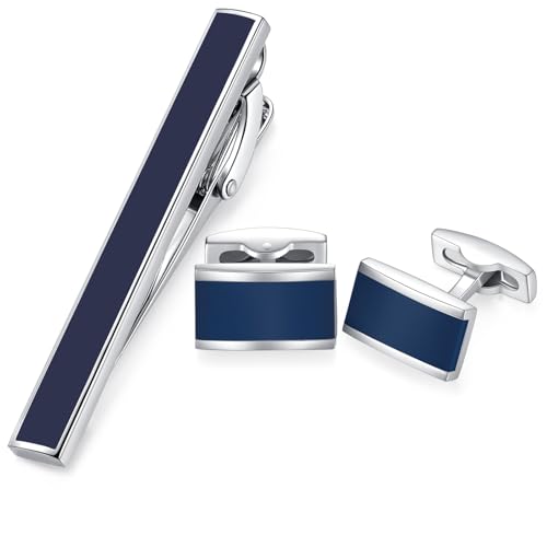 HONEY BEAR - HONEY BEAR Cufflinks Tie Clip Set for Mens Shirts Accessories - Rectangle Navy Blue
