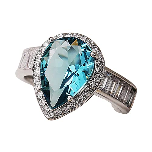925 Sterling Silver Plated Simulated Blue Topaz Pear Shaped Halo Promise Ring for Women