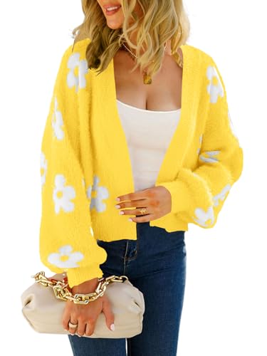 Women's Floral Printed Cropped Cardigan Open Front Y2k Knit Sweater Tops