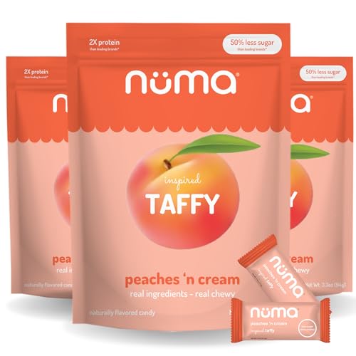 Numa Taffy Candy, Peaches ‘n Cream Made with Real &amp; Simple Ingredients – Low Sugar, High Protein, Low Calorie, All Natural &amp; Gluten Free Peach Taffy – 3 bags with 10 Individually Wrapped Chews Each