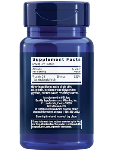Image of Life Extension Vitamin D3 125 mcg (5000 IU), Bone Health, Brain Performance, Immune System Support, Gluten-Free, Non-GMO, Once Daily, Two-Month Supply, 60 Softgels (Pack of 2)
