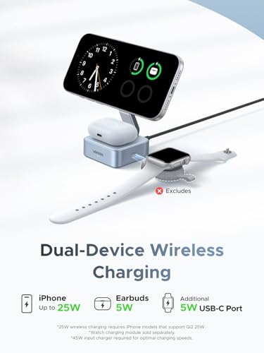 Image of UGREEN Qi2 25W Magflow Wireless Charger Magsafe Charging Station 2-in-1 for iPhone 17 /16 /15 /14 /13 /12 Pro Max, Fast Foldable Stand with USB-C Port, Compatible with AirPods, Dual Device Charging