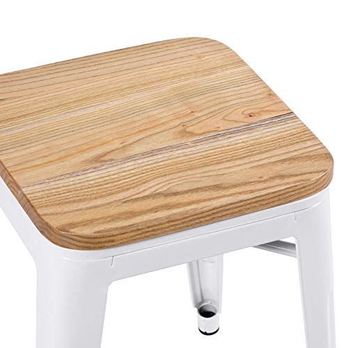 Banqueta baixa Iron Tolix com assento de madeira rústica clara - Branco