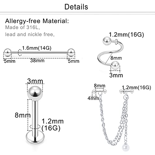 Dyknasz 21Pcs 14G Industrial Earrings Stainless Steel Industrial Barbell Cartilage Earrings with Chain Triple Forward Helix Stud Tragus Ear Hoop Ring Piercing Jewelry for Women Men2