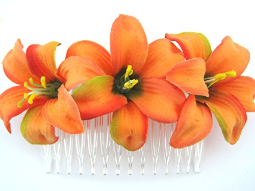 Triple 2" Tropical Orange Lily Silk Flower Hair Comb #TOP1