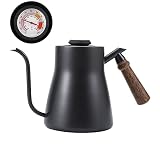 850ml Hervidor de Café con Cuello de Cisne con Mango de Madera, Acero Inoxidable Con/Sin Termómetro Verter sobre el Hervidor de Café, Diseño Elaborado de la Boquilla, Antideslizante (Con termómetro)