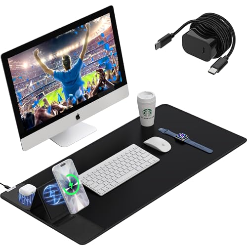 Image of Wireless Charging Mouse Pad with Foldable Phone Holder, 15W Magnetic Fast Charging for iPhone Samsung, 31.5 inchx15.75 inch Large Desk Mat for Laptop /Keyboard, Waterproof Gaming Mousepad with Non-Slip Base