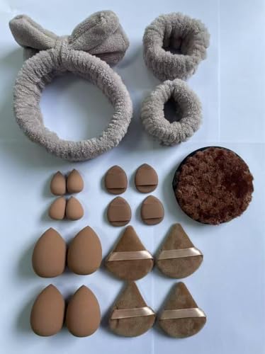 Image of Multi-Shape Makeup Sponge Set | 20 Piece Beauty Puff Collection with Headband and Clean Sponge | Pink, Purple, Beige & Bright Sets | Face Blender Kit for Cream, Liquid & Powder | Aesthetic and Functional Makeup Tool