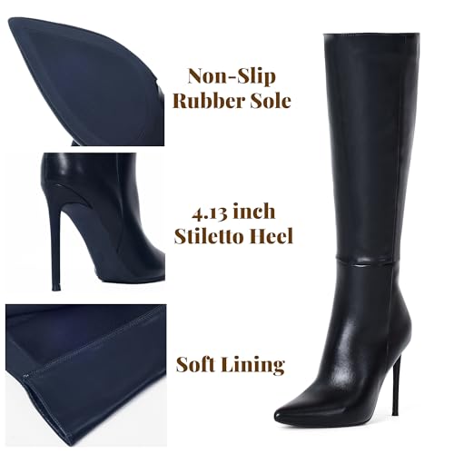 Elisabet Tang 4 Inch Women'S Knee High Long Boots, Stiletto Wide Calf Tall Pointed Toe Heeled Boot Leather Suede Comfortable Sexy Suede Size 9 thumb #1