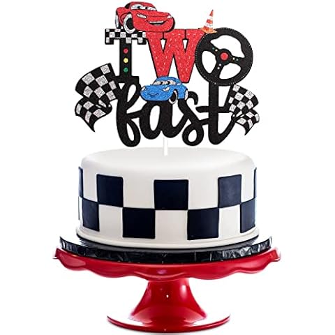Two Fast Race Car Cake Toppers - Race Car Theme 2nd Birthday Glitter Cake Supplies - Boy's Two Years Old Cars Checkered Flag Party Decoration Cover