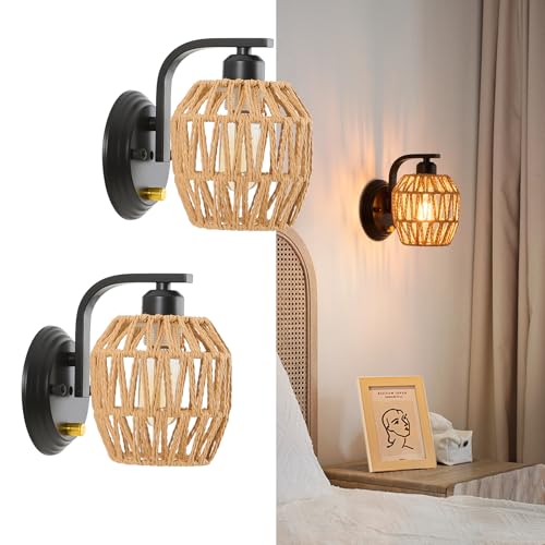 Zswanbei Boho Rattan Wall Sconces Set of Two On/Off Dimmable Switch Bedside Wall Lamp Hardwired Hand-Woven Farmhouse Wall Sconce Indoor Wall Lights for Bedroom Bathroom Living Room, E26