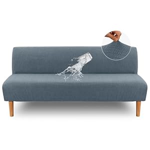 H.VERSAILTEX 100% Waterproof Stretch Futon Slipcover Armless Sofa Cover Furniture Protector Without Armrests Slipcover Soft with Elastic Bottom for Kids, Spandex Jacquard Small Checks, Stone Blue