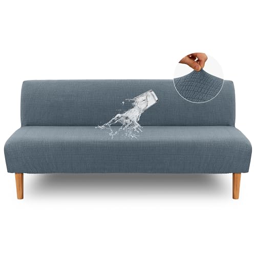 H.VERSAILTEX 100% Waterproof Stretch Futon Slipcover Armless Sofa Cover Furniture Protector Without Armrests Slipcover Soft with Elastic Bottom for Kids, Spandex Jacquard Small Checks, Stone Blue