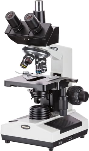 AmScope T390C Professional Compound Trinocular Microscope, 40X-2500X Magnification, WF10x and WF25x Eyepieces, Brightfield, Halogen Illumination, Abbe Condenser, Double-Layer Mechanical Stage, 110V-220V Auto-Switching